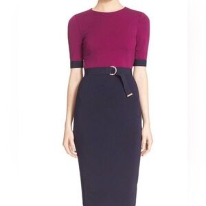 Ted Baker Magenta & Navy Belted Midi Dress